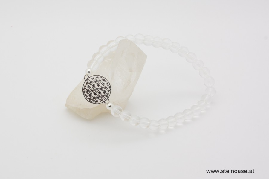 Armband Bergkristall + Blume d.Lebens, Silber, 6mm